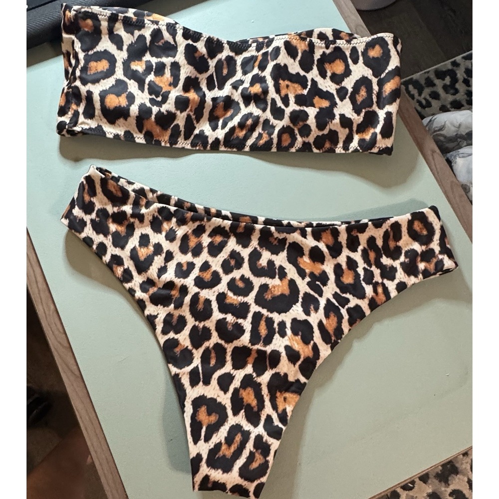 SHEIN Leopard Print 2 Piece Bikini Set Bandeau Top Cups XL NWOT - Picture 4 of 7